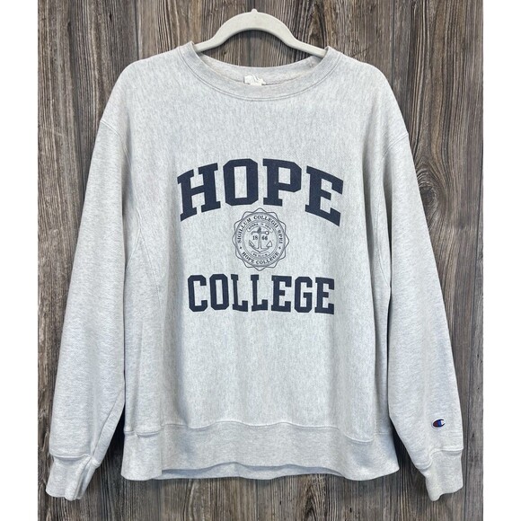 VTG Hope College Gray CHAMPION Reverse Weave SPELL OUT w SEAL Sweatshirt Men's L - Picture 1 of 12